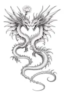 two dragons with wings and horns, with intertwined tails, almost touching heads, beautiful peony buds and petals on top tattoo design idea