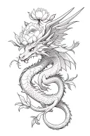 two dragons with wings and horns, with intertwined tails, almost touching heads, beautiful peony buds and petals on top tattoo design idea