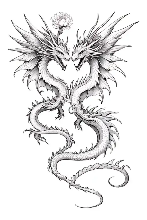 two dragons with wings and horns, with intertwined tails, almost touching heads, beautiful peony buds and petals on top tattoo design idea