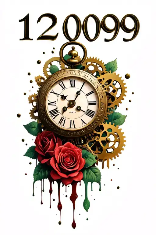 "12009" clock melting timepiece with gears and roses intertwined tattoo design idea