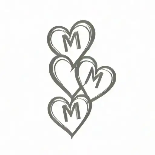 3 hearts one above the other with initial M M E tattoo design idea