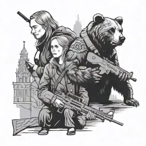 Moscow in the background and Putin on the right, a bear with a balalaika, on the left a woman with a machine gun tattoo design idea