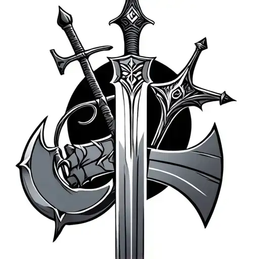 Nordic Axe, Roman sword, spear, and bow and arrow intertwined tattoo design idea
