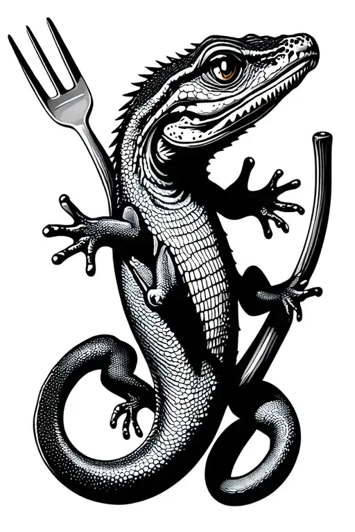 lizard, nut, milk, cane, fork, tattoo design idea