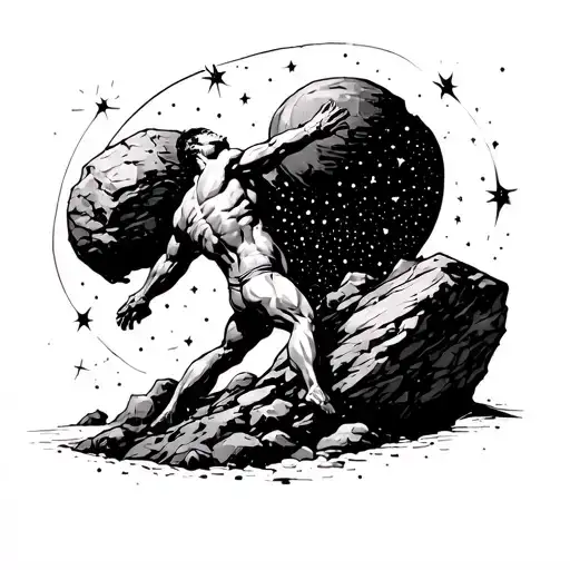 sisyphus pushing a rock under cassiopeia constellation tattoo design idea