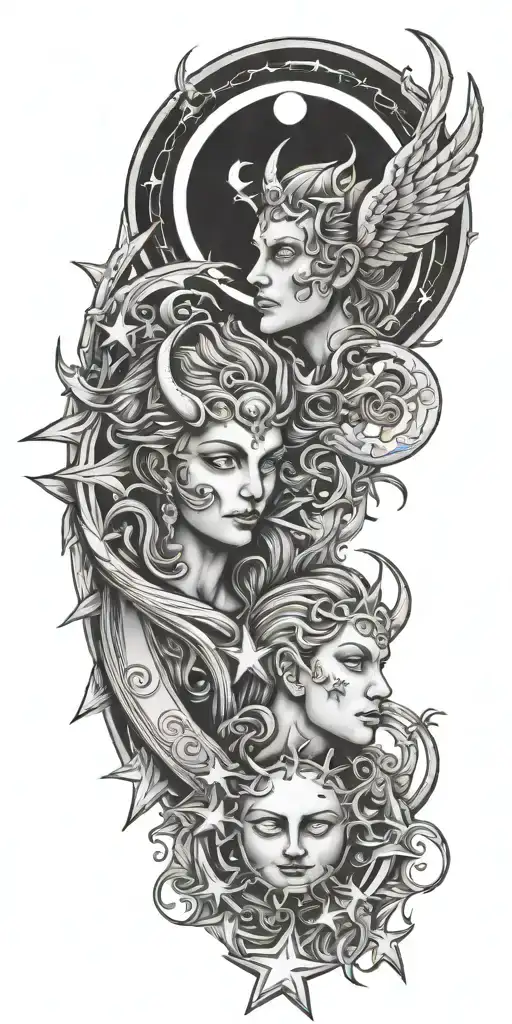 devil and angel , sun moon stars tattoo design idea
