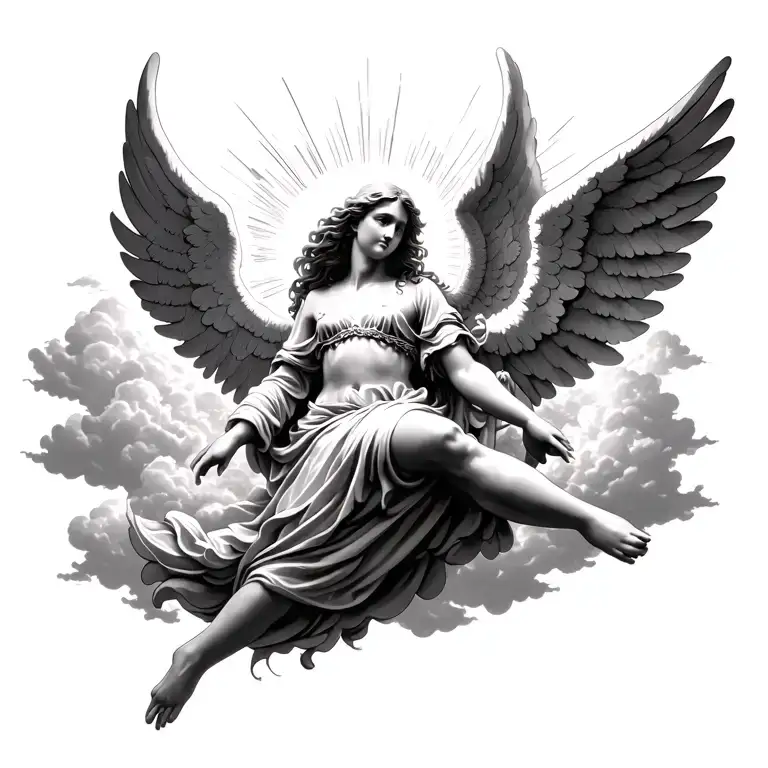 angel floating in clouds sun rays shining tattoo design idea