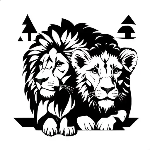 A lion and cub in a non-realistic geometric design, symbolizing the complexity of father-son relationships tattoo design idea