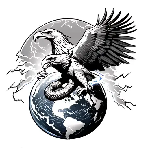 eagle with snake in mouth holding a lightning bolt crashing into the earth tattoo design idea