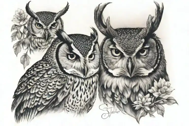 owl and deer tattoo design idea