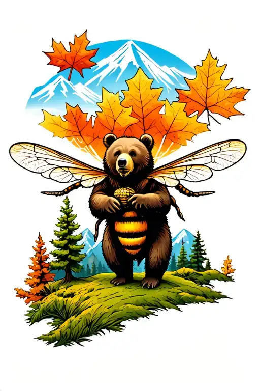 Bear and honey bee with Colorado mountains and Vermont sugar maple tree tattoo design idea