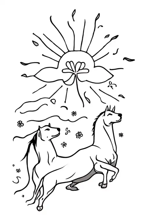 Dogs, horses, sun, four-leaf clover tattoo design idea