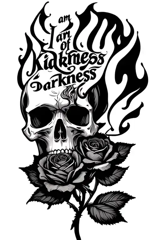 "I am KID OF DARKNESS" Skull Side Profile Holding a Flaming Rose tattoo design idea