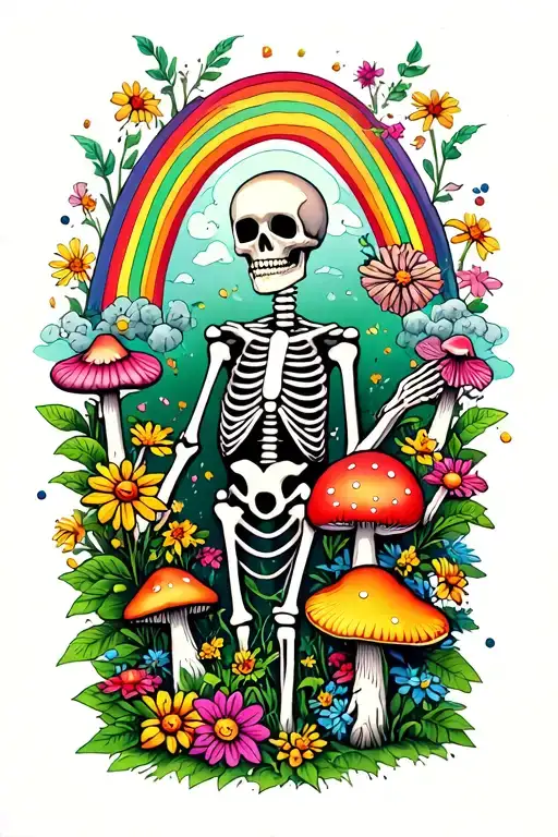 Skeleton gardener surrounded by flowers and mushrooms and rainbow tattoo design idea
