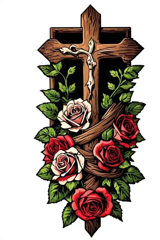 rugged cross wrapped in roses intertwined tattoo design idea