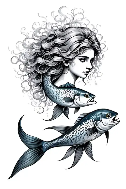 mermaid head with flowy hair surrounded by two fish to represent Pisces  tattoo design idea