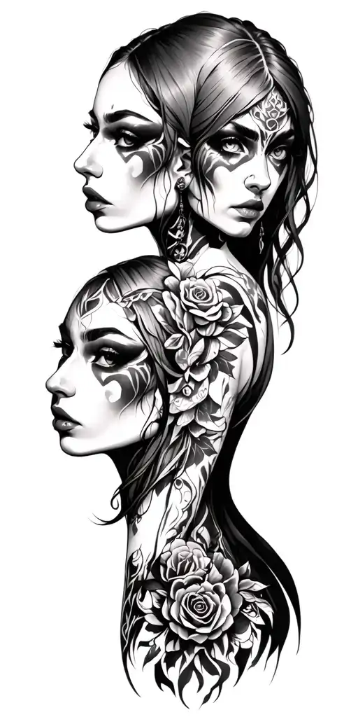 goth cyborg gemini sisters tattoo design idea