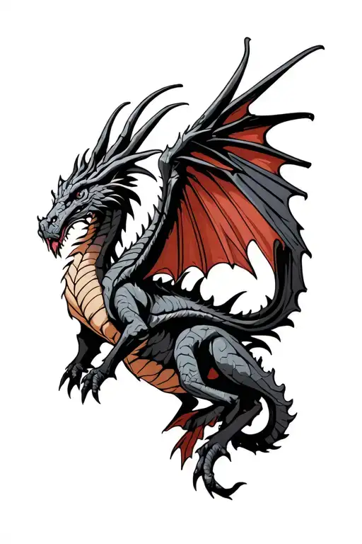 big wyvern, black and grey with big wings, like the Targaryen sigil tattoo design idea