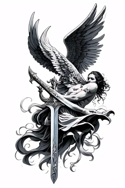 sword and falling angel tattoo design idea