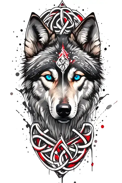 wolf with blue eyes featuring Celtic trinity knot  tattoo design idea