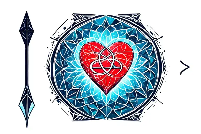 An arche arrow with the symbol of the infinite and a heart hidden in geometric patterns. blue background tattoo design idea