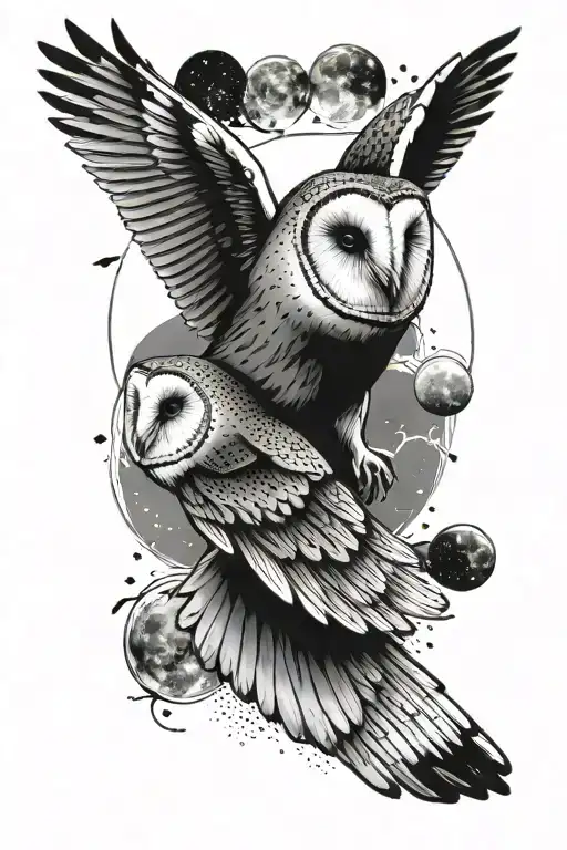 barn owl with flying in front of a lunar eclipse with wings wide spread tattoo design idea