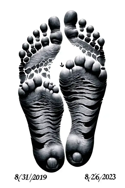 3 baby footprints with date of births 8/31/2019 and twins of 8/26/2023 tattoo design idea