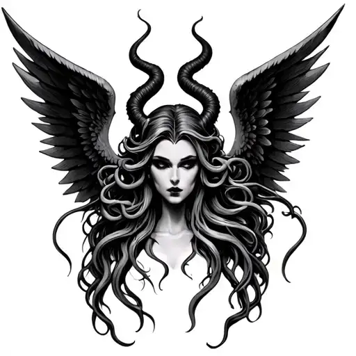 Maleficent inspired angel wings with medusa head tattoo design idea