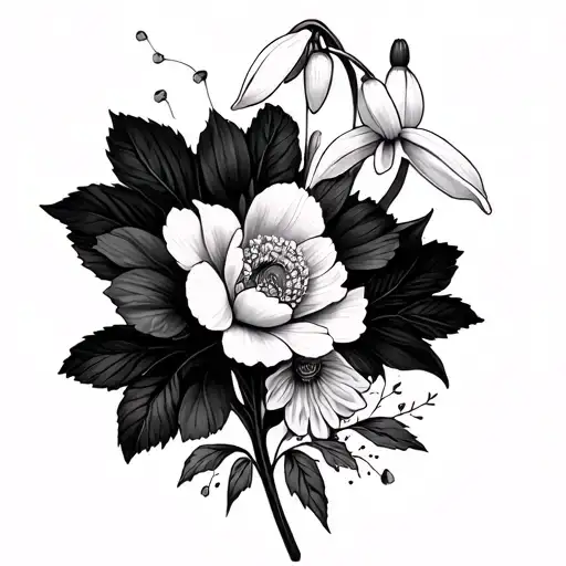 small tattoo with snowdrop, paperwhite narcissus, cosmos, moringing glory and peonies tattoo design idea