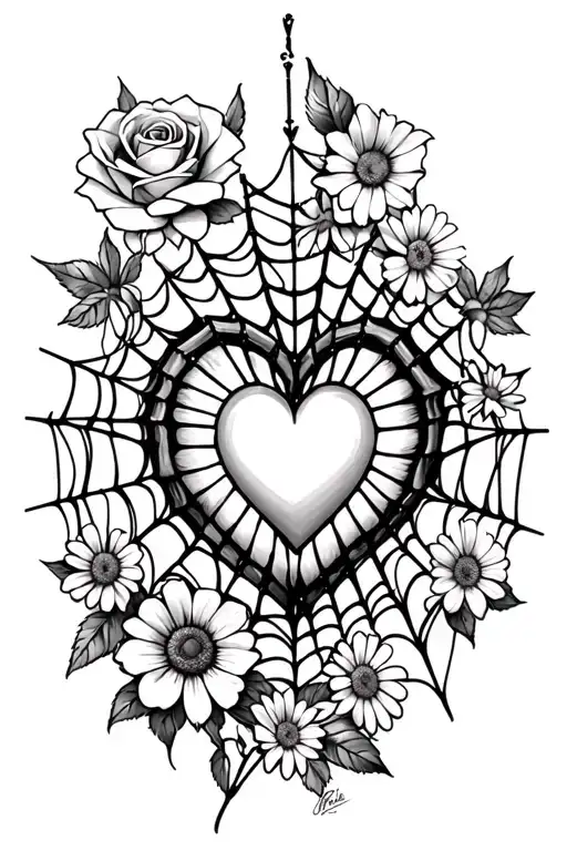 heart spider web with a heart in the middle and aspider,honeysuckle,roses,daisies  tattoo design idea