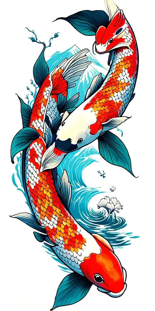 koi carps swimming in river, mount fuji, sakuras, temple, and gate full colorfull sleeve tattoo design idea