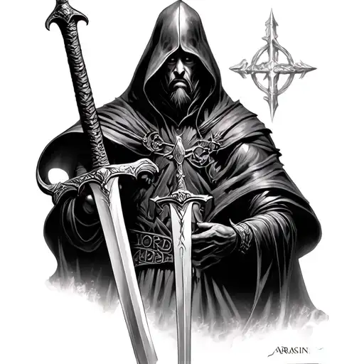 arragin from lord of rings with sword, epic and the ring of power and nazgul realisem tattoo design idea