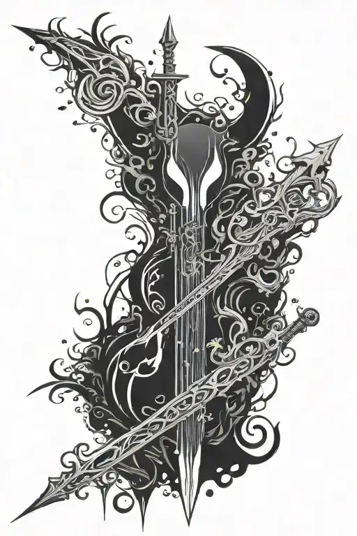 A blend of musical notes and dark imagery inspired by the student's fascination with the Hollow Knight sword tattoo design idea