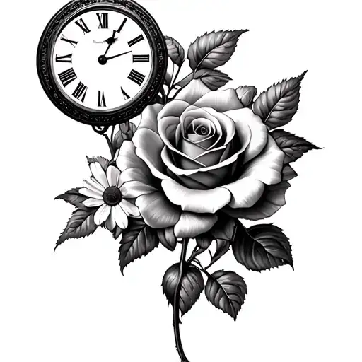 double clocks and roses and daisies tattoo design idea