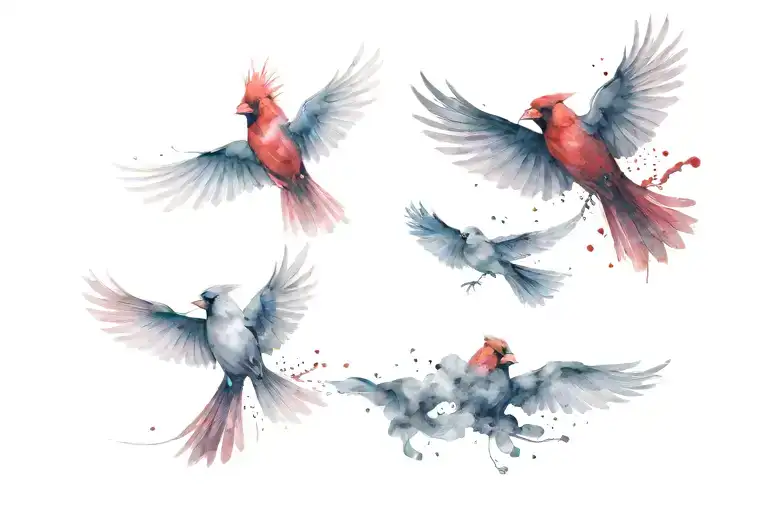 cardinal flying. wings fading into black smoke.  tattoo design idea