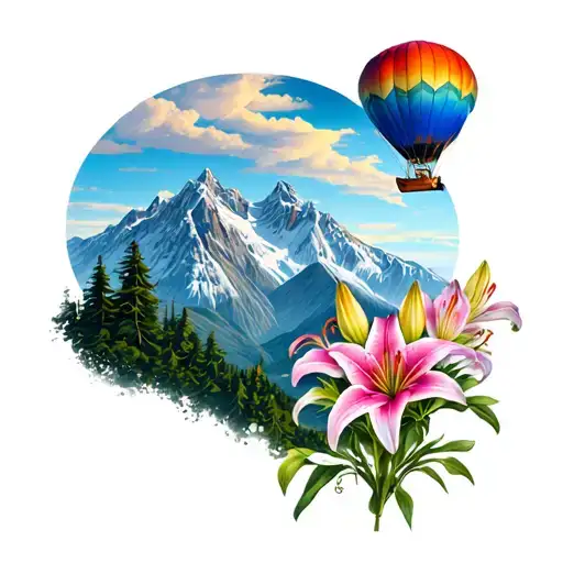Mountain scene with two mountain profiles one of Mt. Mansfield, the other of Pikes Peak. stargazer lilies and a hot air  tattoo design idea