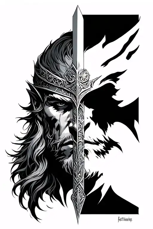 Half face of Arthas as a paladin and half as the Lich King, Frostmourne sword between them, contrast of light and shadow tattoo design idea