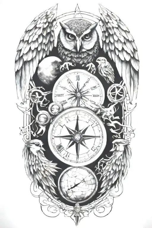 earth, moon, compass, time, owl, phoenix tattoo design idea
