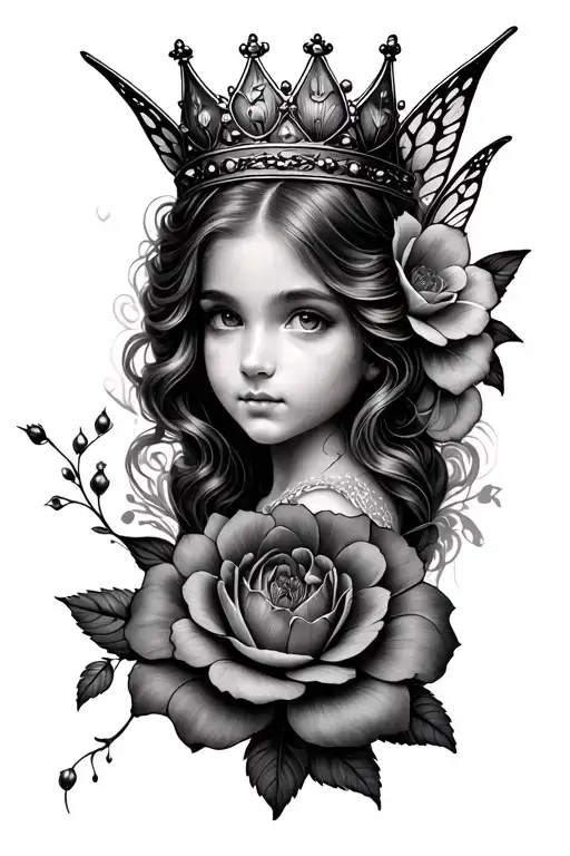Floral design incorporating fairy peeking thru wearing a crown tattoo design idea