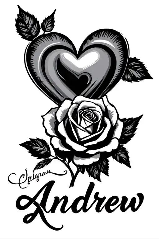 the name Andrew with a heart and rose  tattoo design idea