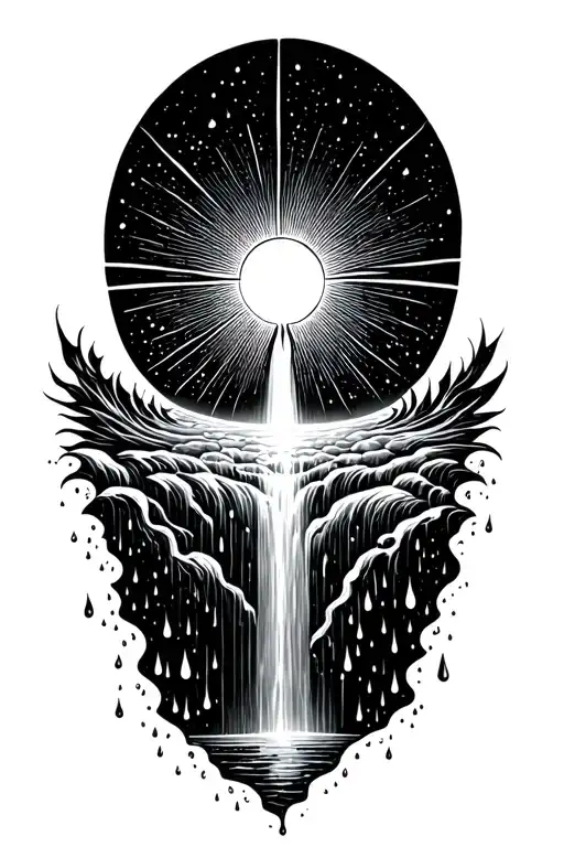 A sun flowing into a universe that turns into a waterfall with rain drops at the bottom tattoo design idea