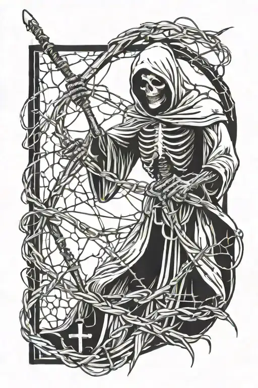Moment mori grim reaper barb wire tattoo design idea