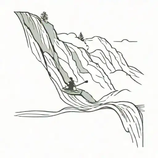 A kayaker paddling down a Waterfall in a mountain Landscape tattoo design idea