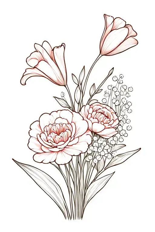 Flower bouquet with carnations, cala lilies, tulips, and baby's breath tattoo design idea