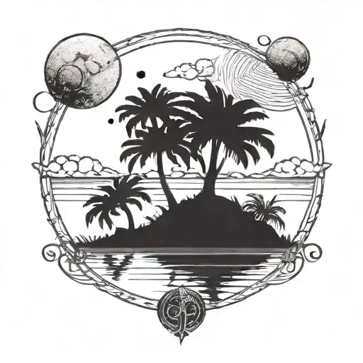 palmetto tree, islands, dog, moon phases tattoo design idea