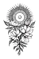 Top: a sun or starburst with delicate celestial/science motifs (atoms, geometric lines).Upper spine: flowers (lotus, ro tattoo design idea
