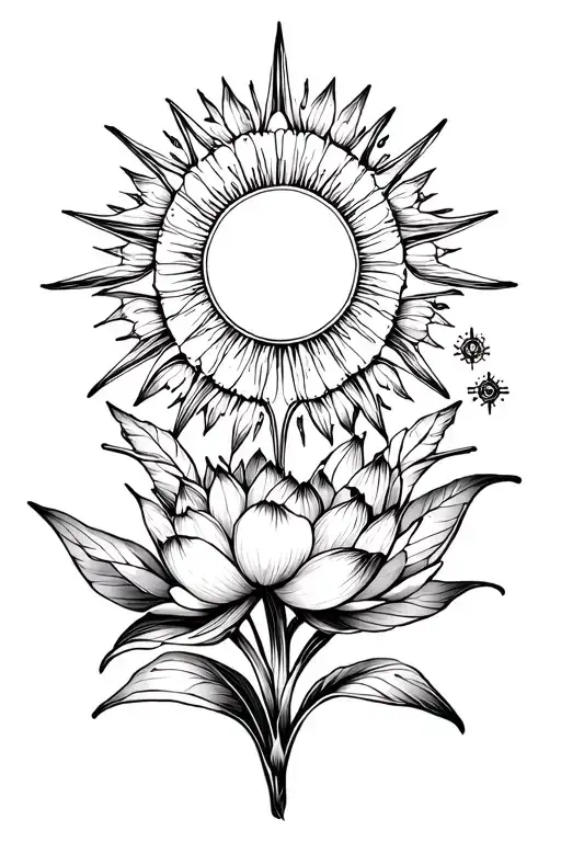 Top: a sun or starburst with delicate celestial/science motifs (atoms, geometric lines).Upper spine: flowers (lotus, ro tattoo design idea