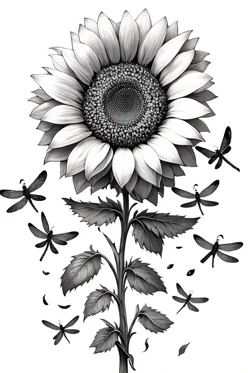 sunflower with some petals falling off in the shape of dragonflies tattoo design idea