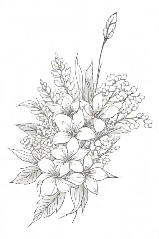 fine line flower bouquet tied with bow. lily of the valley, daisy, chrysanthemum, asters, and gladiolus.  tattoo design idea