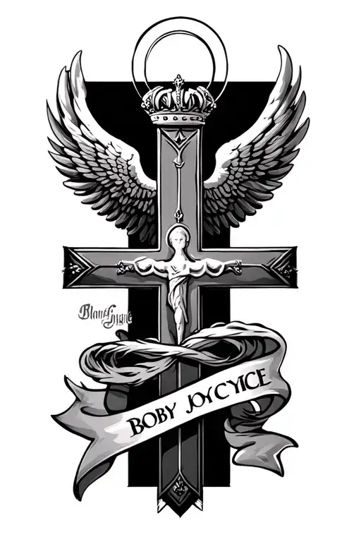 cross with banner at bottom wings at the top with halo over the cross and the banner says Bobby Joyce tattoo design idea